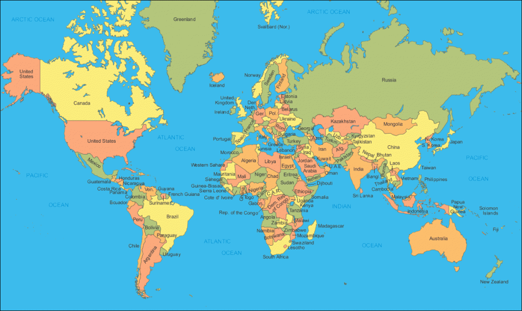 world map countries labelled