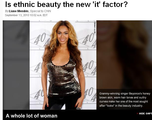 The first photo, of Beyoncé, identifies “honey brown skin,” “warm hair tones 