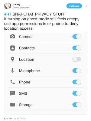 #RT SNAPCHAT PRIVACY STUFF If turning on ghost mode still feels creepy use app permissions in ur phone to deny location access 