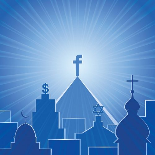several steeples with different world religion symbols atop each peak with the highest one with the facebook F