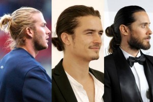 David Beckham, Orlando Bloom, and Jared Leto all sporting man buns/elle.com