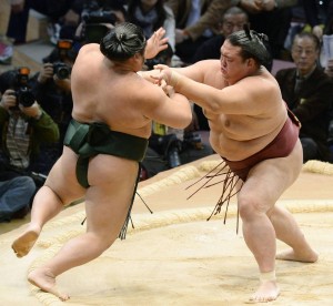 Sumo Wrestlers with the traditional chonmage/japanesetimes.co.jp