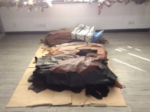 Leather samples in OM's Dongguan office.