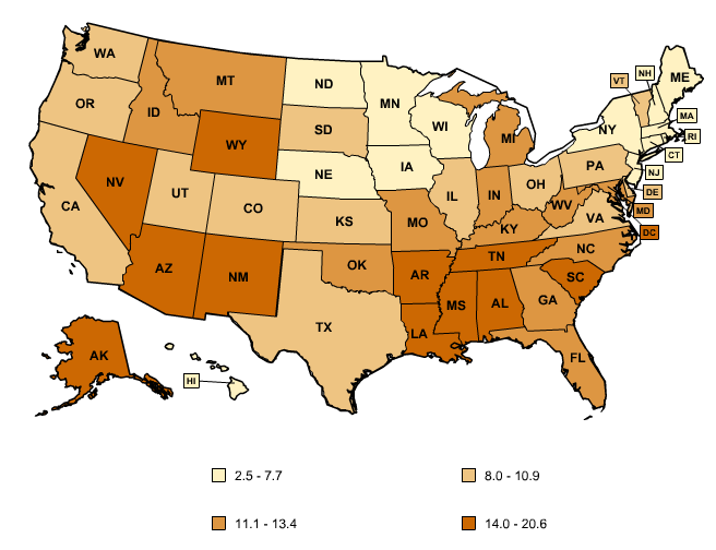 Map of U.S. Firearm Deaths per 100,000 Population - Sociological Images