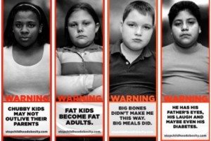 A Georgia group, Strong4Life, targets childhood obesity with its advertisements. Saguy's research shows such ads increase stigma and negatively affect health, even if obesity might not. Collage via ShareItFitness.