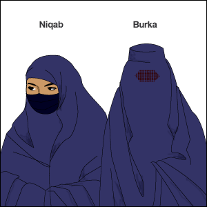 Niqab/Burqa:: niqab is a veil for the face that leaves the area around the eyes clear. However, it may be worn with a separate eye veil. burka is the most concealing of all Islamic veils. It covers the entire face and body, leaving just a mesh screen to see through.