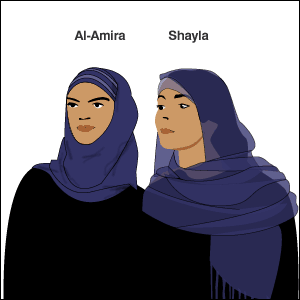 Al-Amira/Shayla:: al-amira is a two-piece veil.  shayla is a long, rectangular scarf popular in the Gulf region. It is wrapped around the head and tucked or pinned in place at the shoulders.